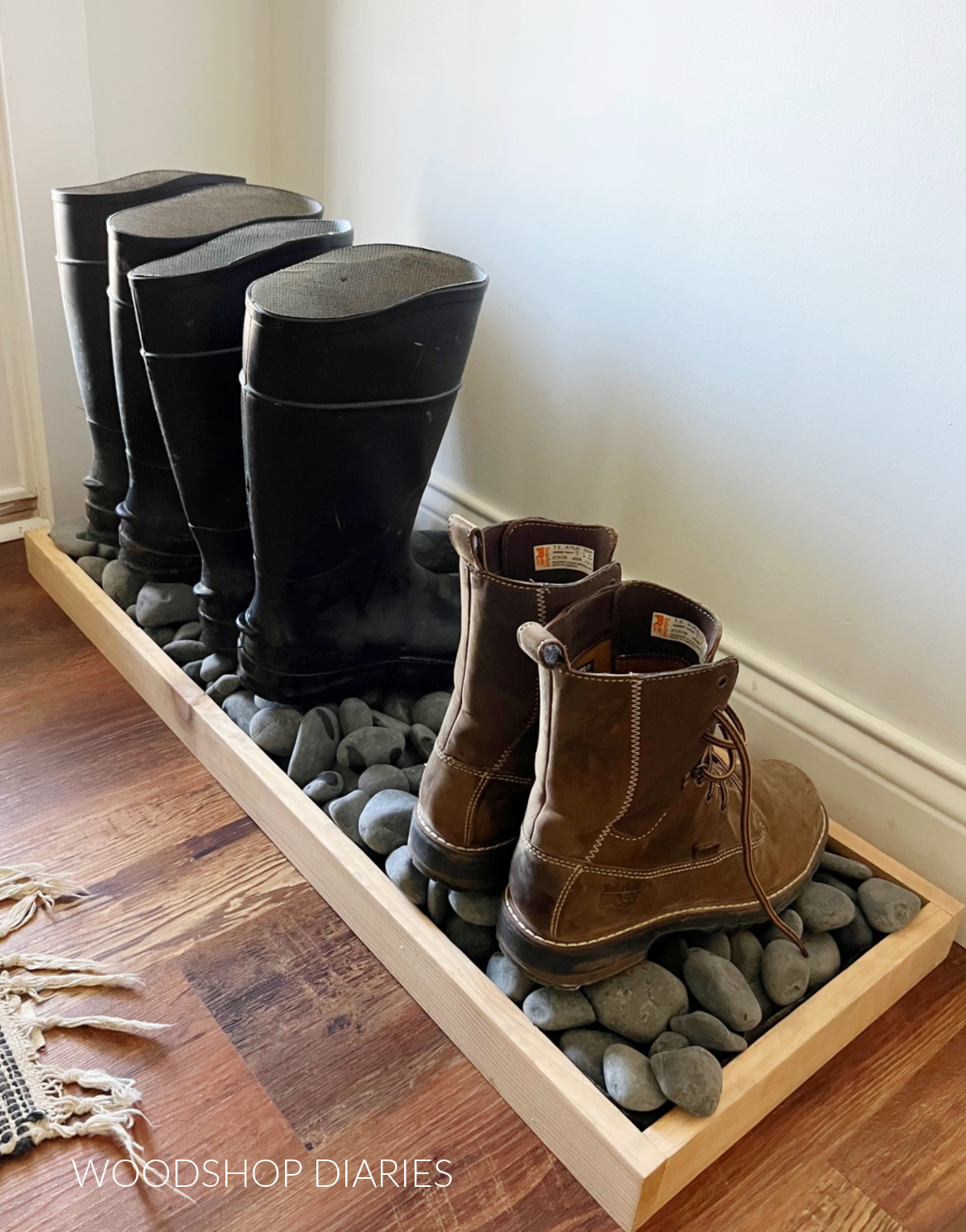 Farmhouse Boot Storage, Wooden Boot Tray with Wheels, Rustic Shoe