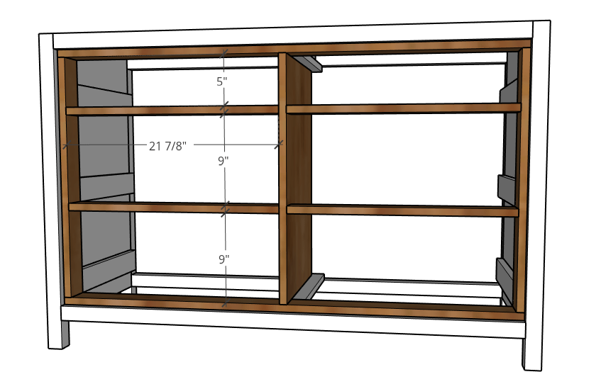 Drawer frame dividers installed into dresser frame in 3D diagram