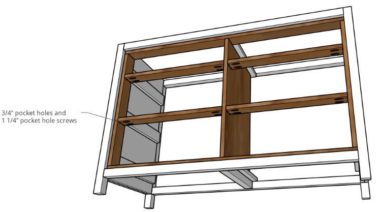 Dresser frame drawer dividers installed with pocket holes and screws