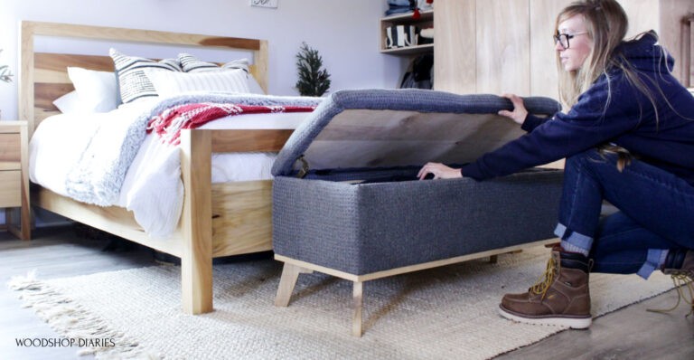 DIY Upholstered Storage Bench--Free Building Plans!