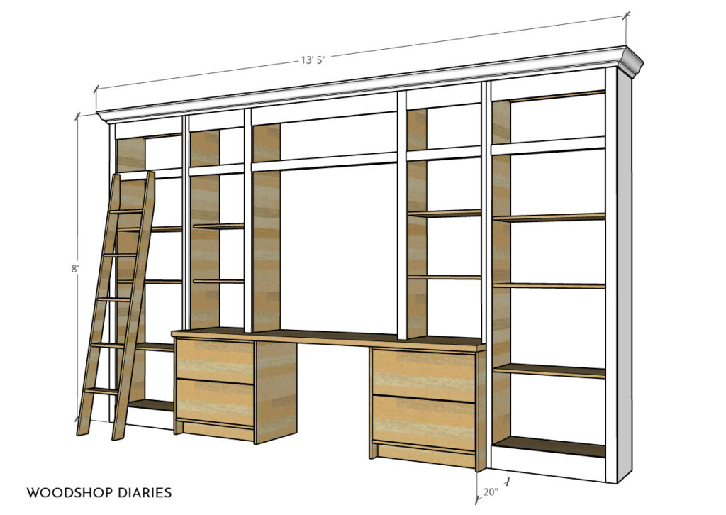 DIY Library Bookshelf with Desk --PRINTABLE BUILDING PLANS!