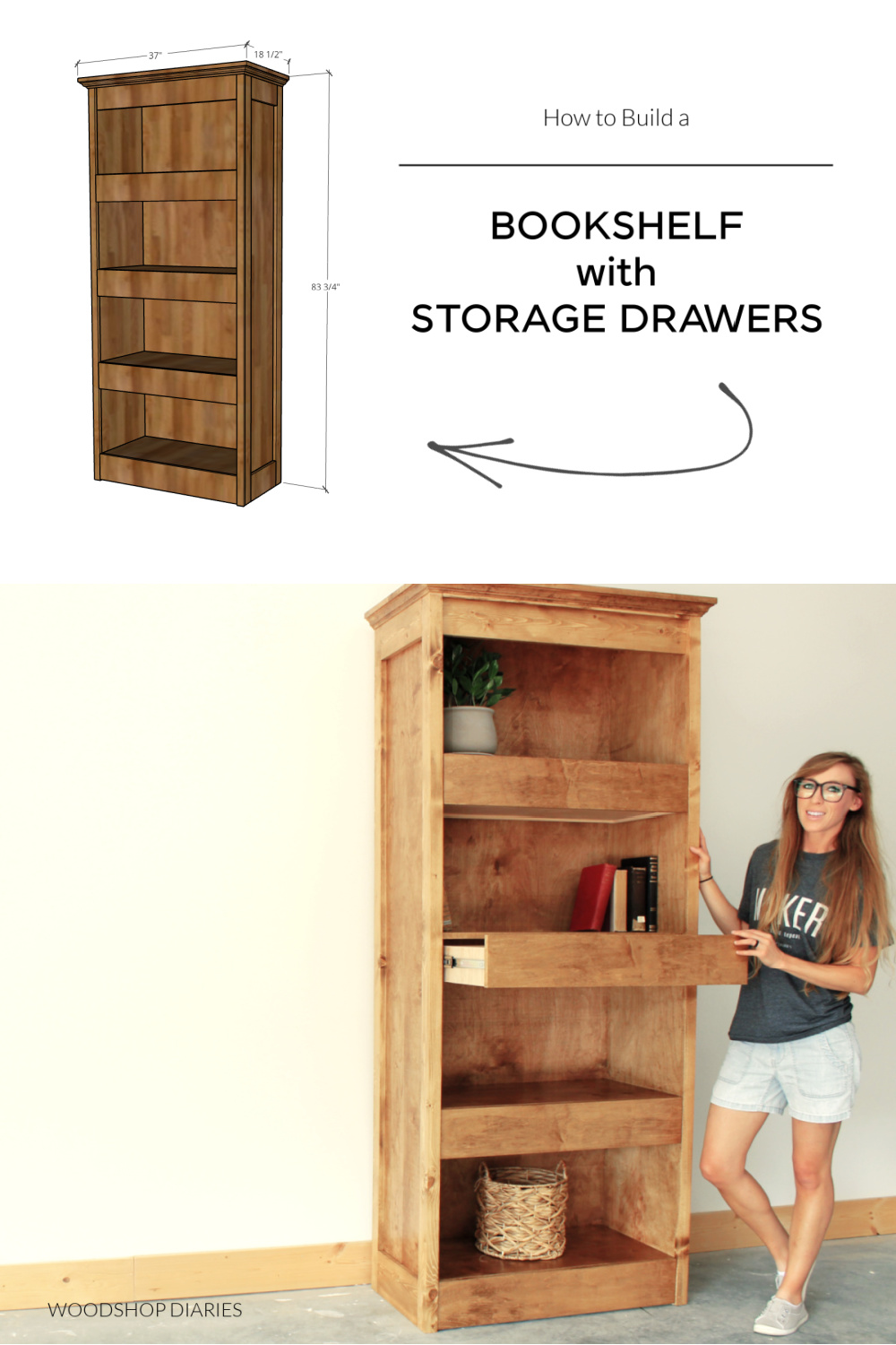 DIY Bookshelf with Hidden Storage Drawers--Printable Building Plans